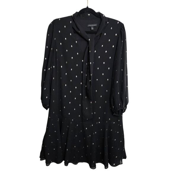 Banana Republic Black w Gold Metallic Sheer Sleeve Mini Dress w Neck Tie SZ 8 - Picture 3 of 11